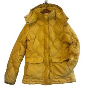 Lands End Goose Down Barn Chore Jacket Womens Small Quilted Hooded Yellow Parka